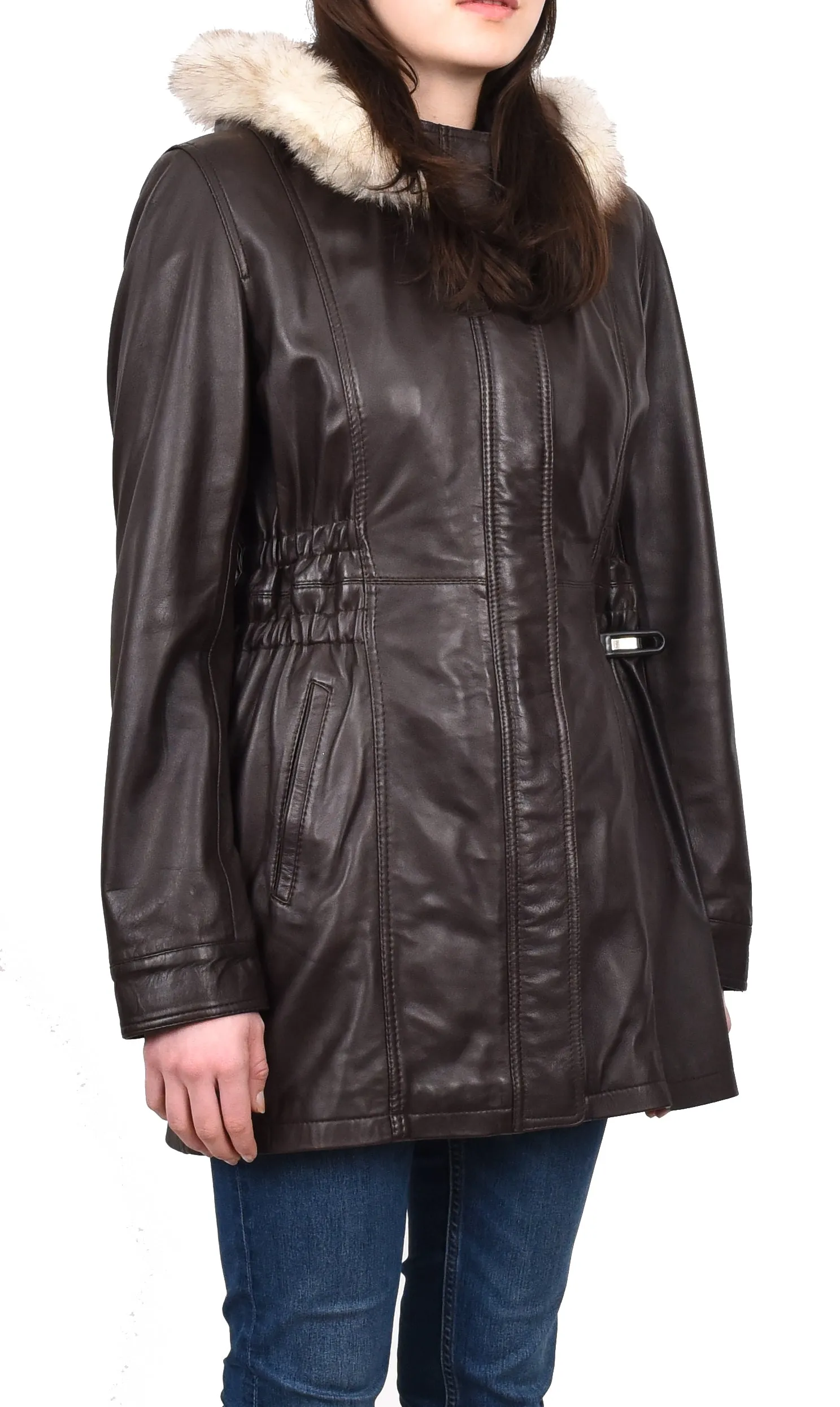 Women's Long Real Leather Coat Detachable Hood with Fur Brown Aerify