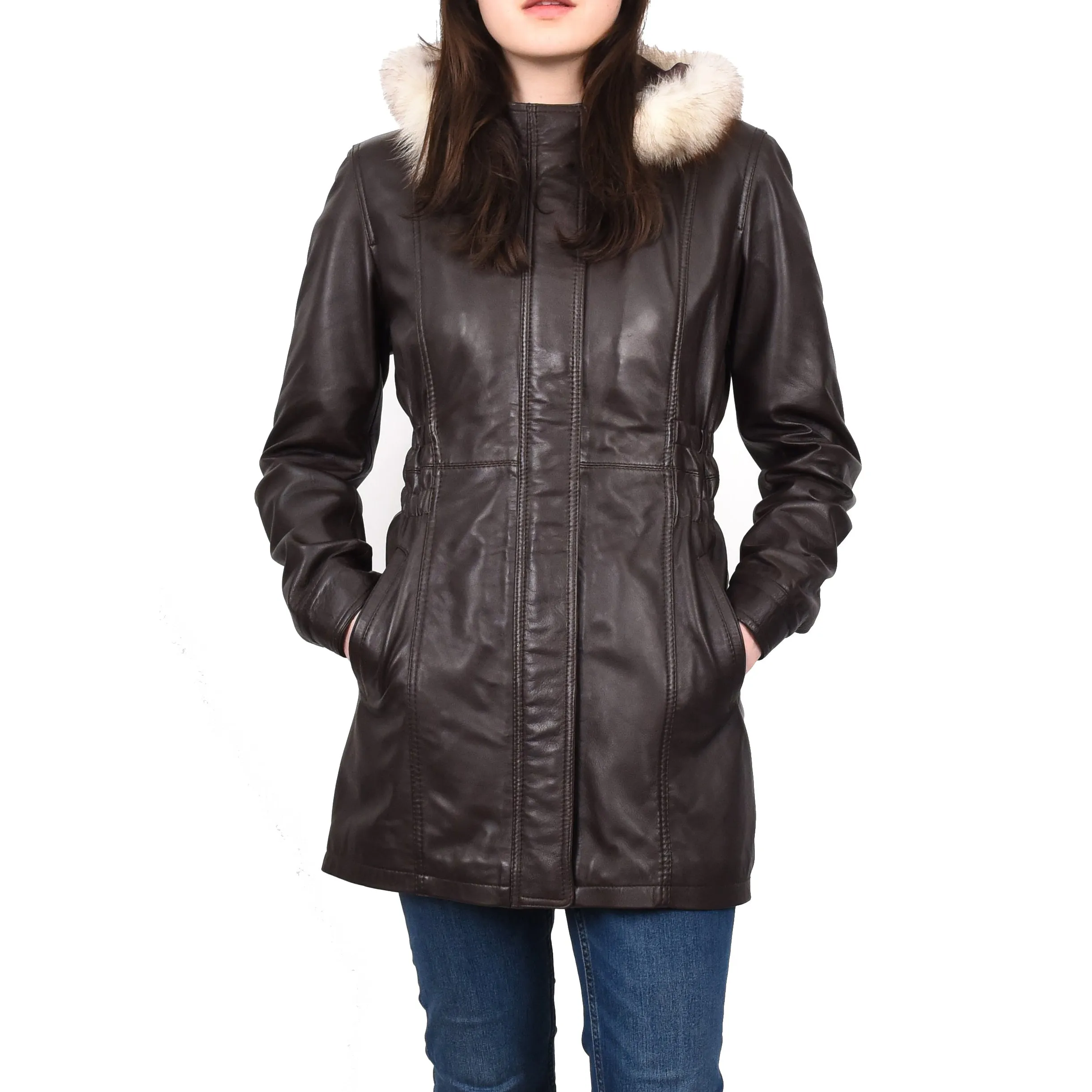 Women's Long Real Leather Coat Detachable Hood with Fur Brown Aerify