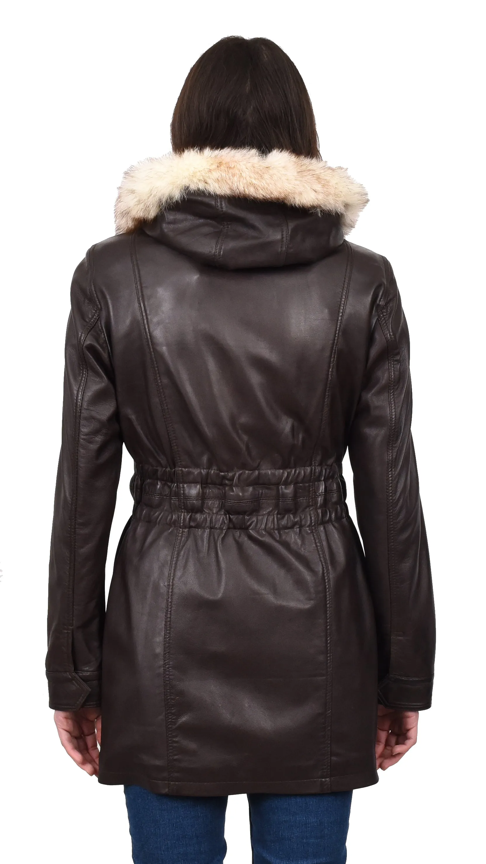 Women's Long Real Leather Coat Detachable Hood with Fur Brown Aerify