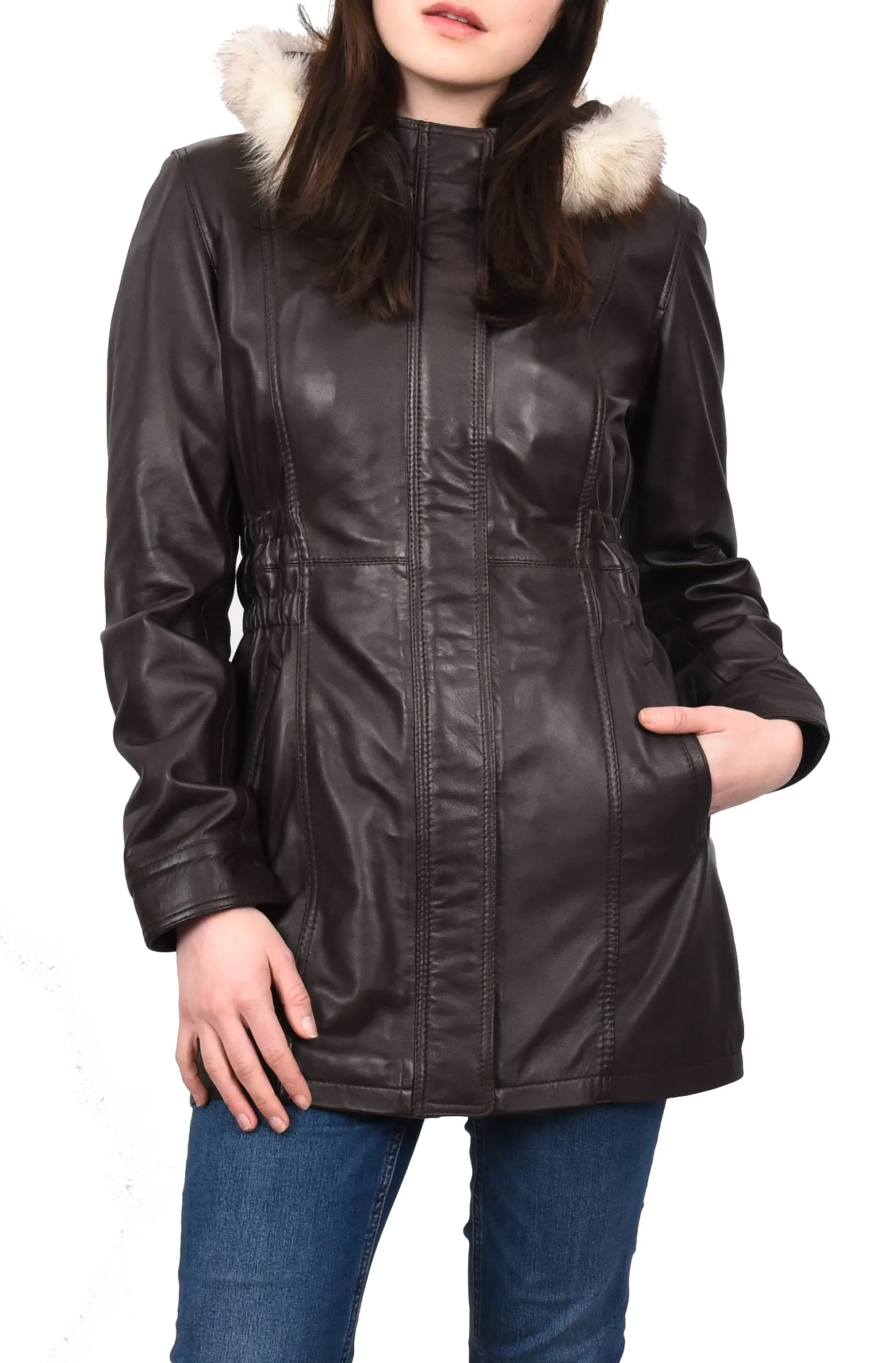 Women's Long Real Leather Coat Detachable Hood with Fur Brown Aerify