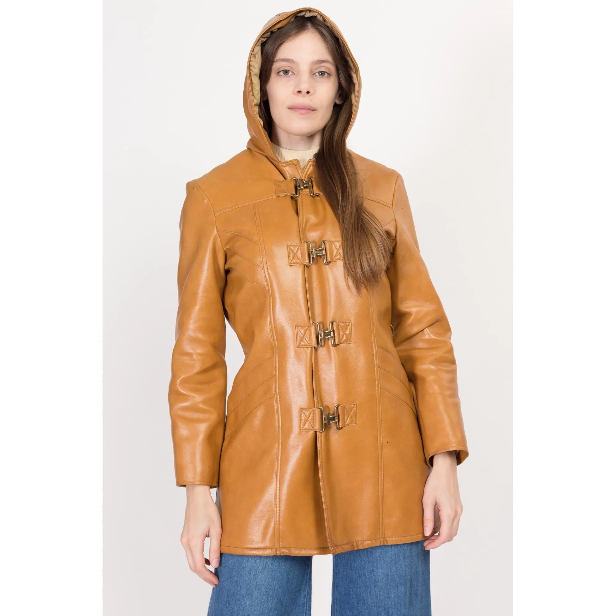 XS 70 Caramel Faux Leather Hooded Duffle Coat