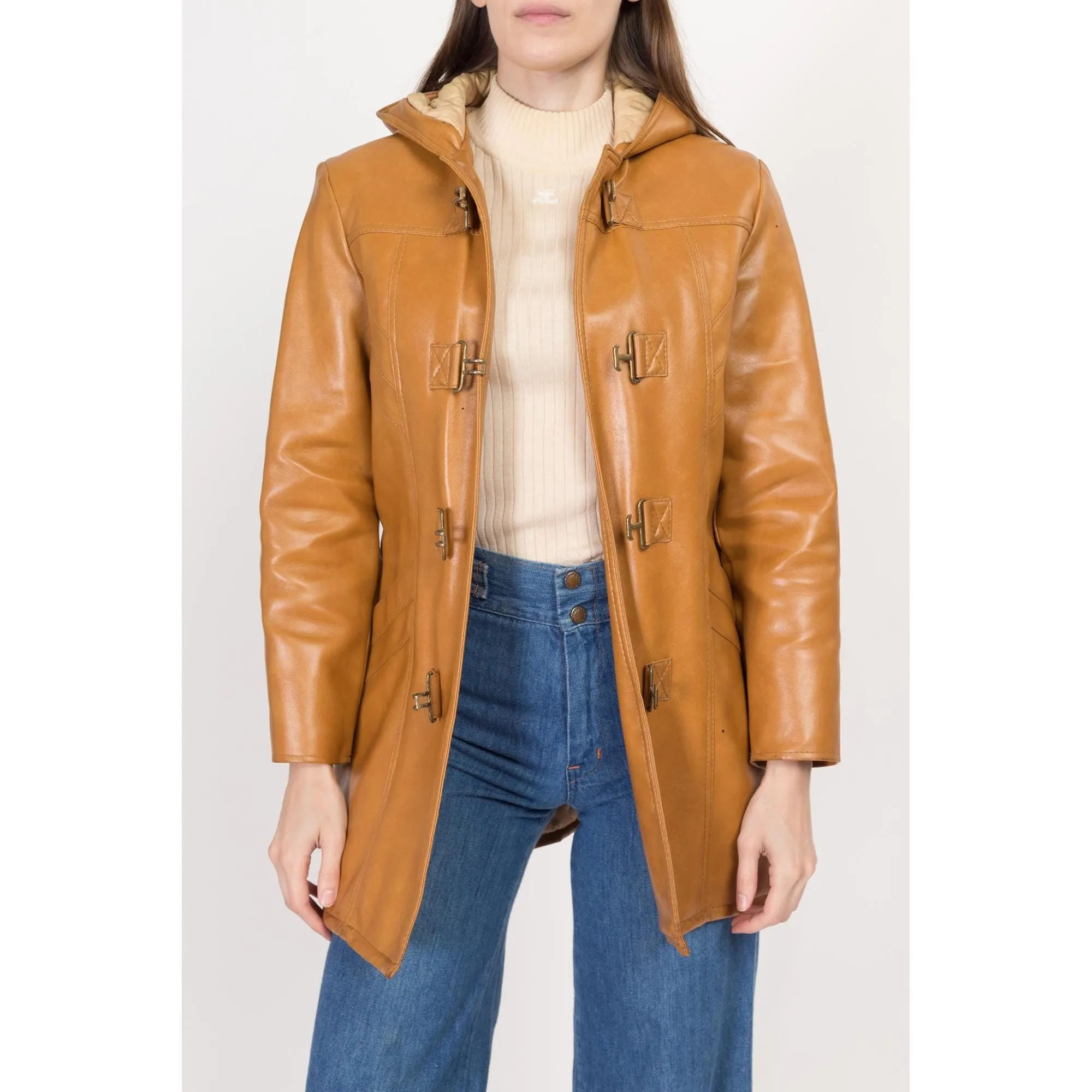 XS 70 Caramel Faux Leather Hooded Duffle Coat