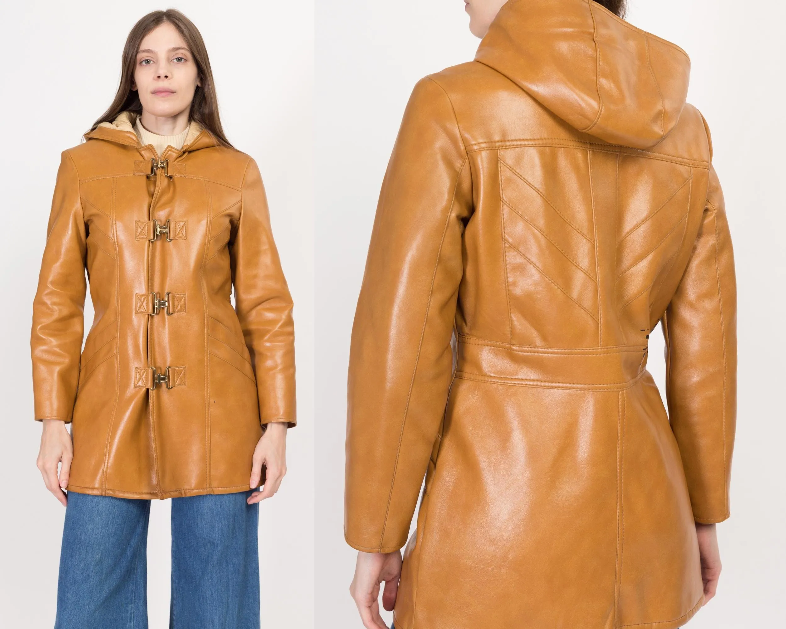 XS 70 Caramel Faux Leather Hooded Duffle Coat