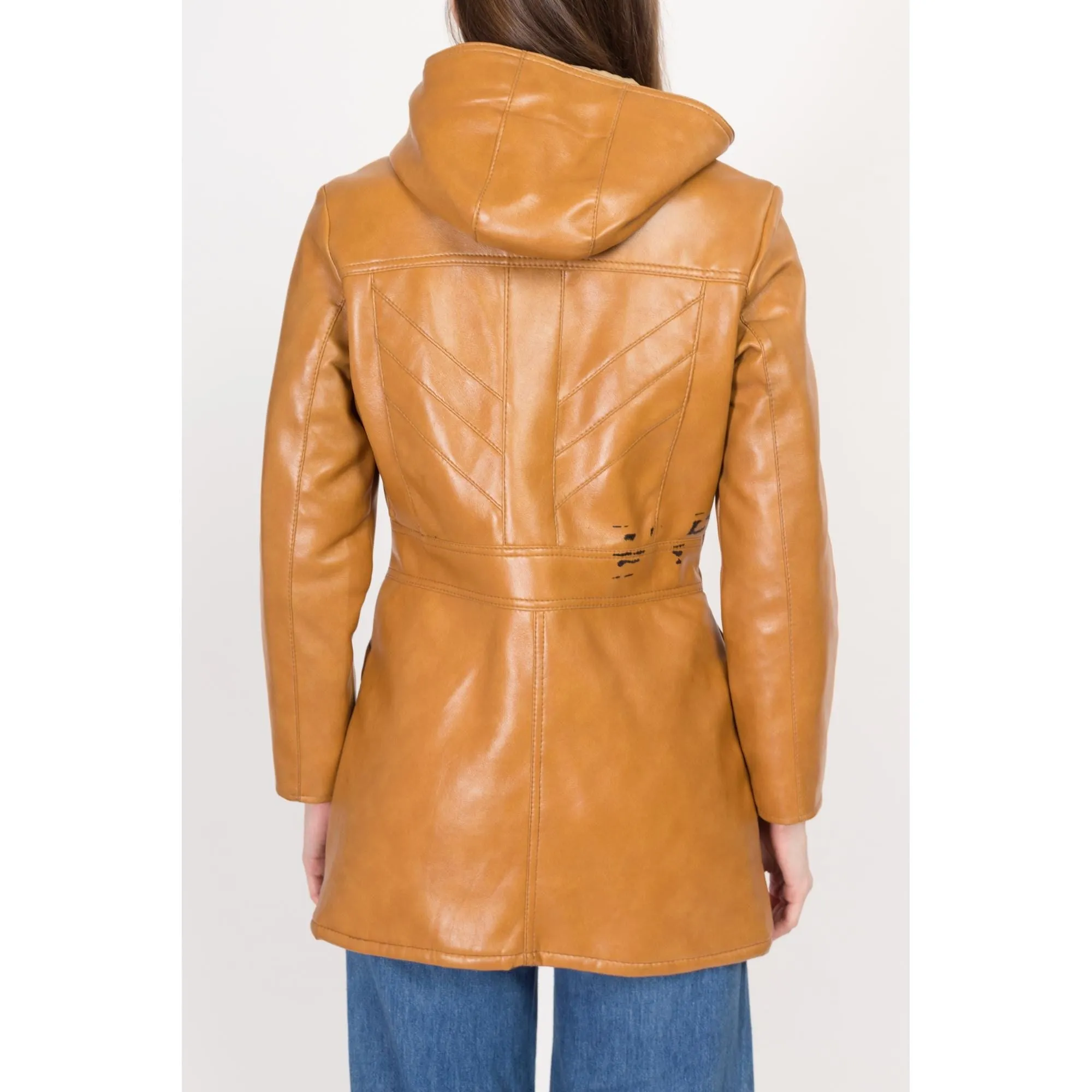 XS 70 Caramel Faux Leather Hooded Duffle Coat
