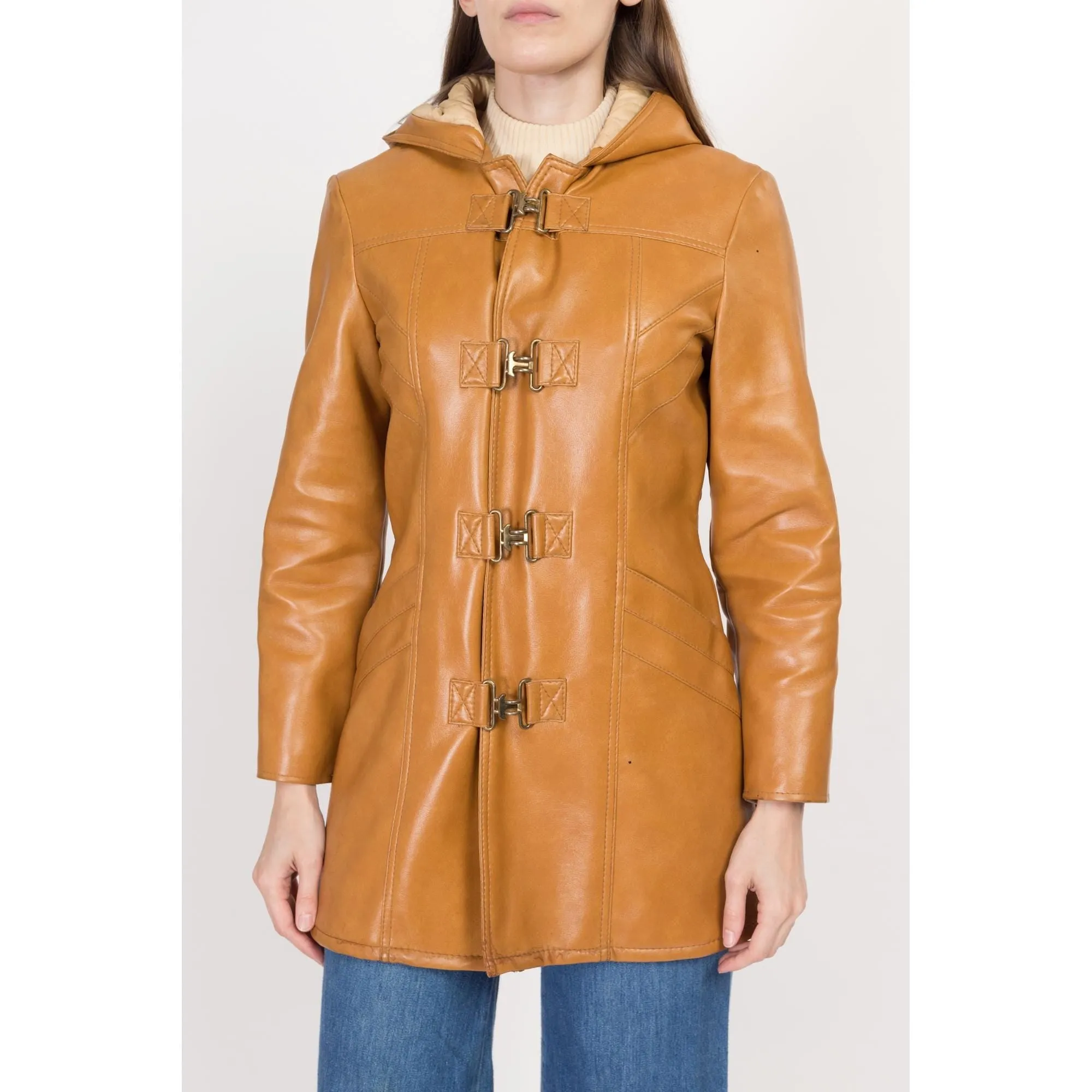XS 70 Caramel Faux Leather Hooded Duffle Coat