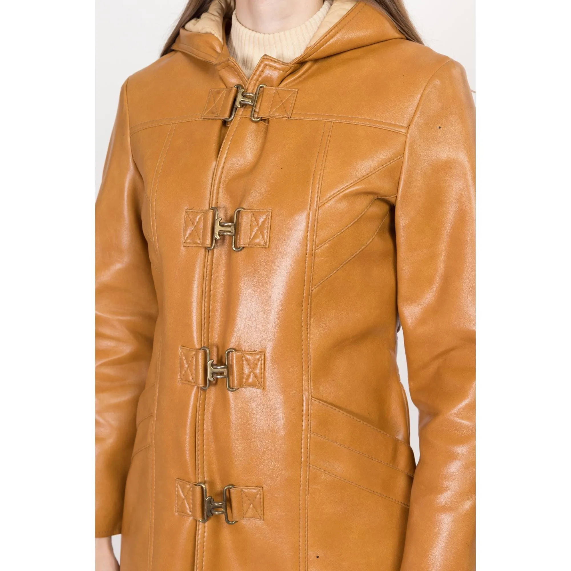 XS 70 Caramel Faux Leather Hooded Duffle Coat