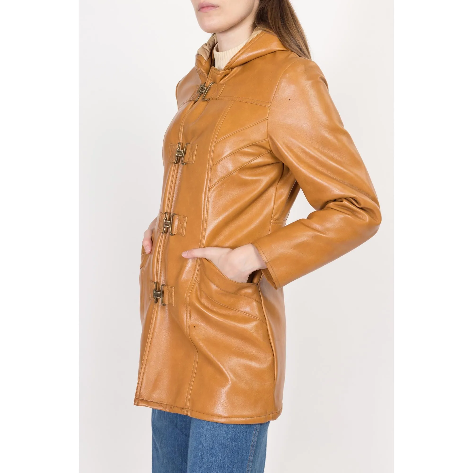 XS 70 Caramel Faux Leather Hooded Duffle Coat